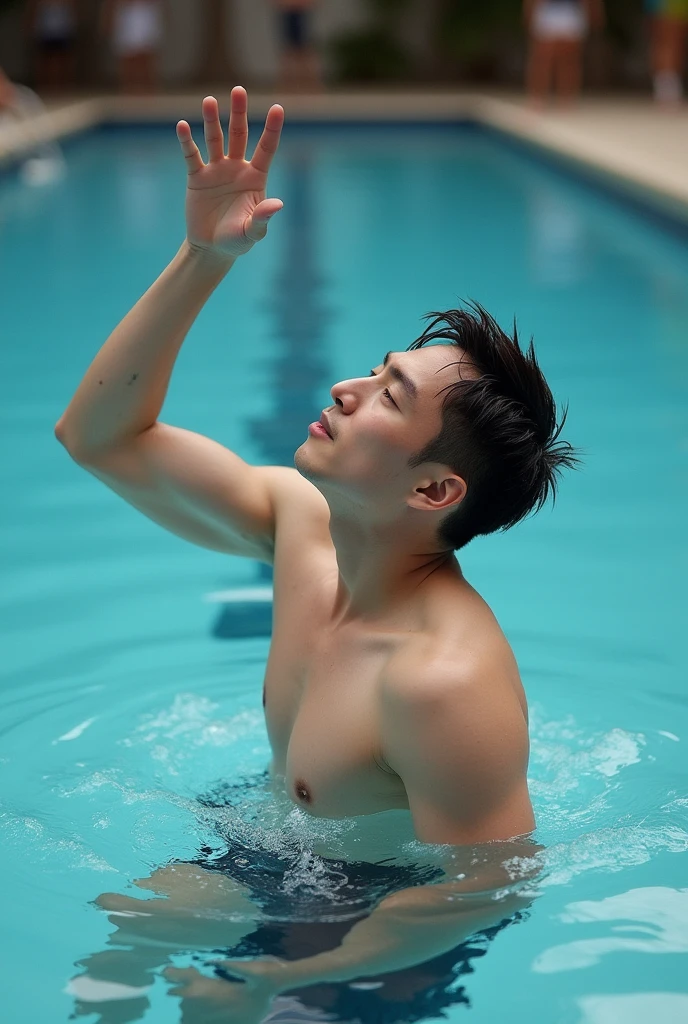 Handsome Japanese swimmer showing off his huge cock