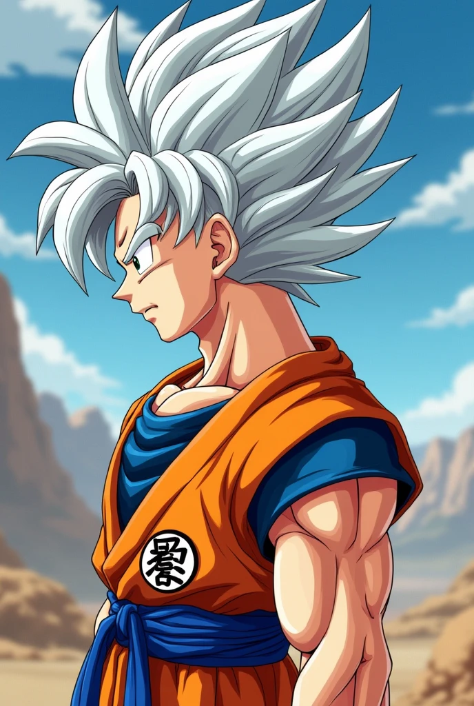 Goku sideview with big biceps and big white hair