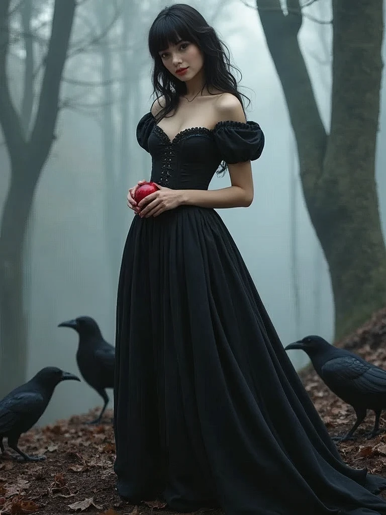 (masterpiece, photorealistic. Uhd) an ultra hot gorgeous European princess Snow White. Age 24. in a corset dress, pleated skirt, black stockings. expressive eyes, perfect face, large breast, small waist, perfect figure, highly detailed, showing cleavage,115E breast size. brown eyes, bangs, full body portrait, holding a red apple. in the misty woods,((standing surrounded by crows on the floor))