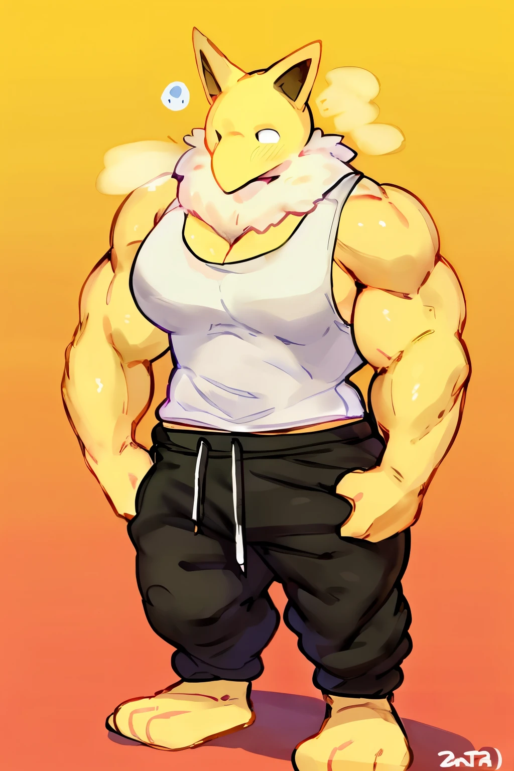Furry, Anthro, solo, Hypno, Male, (((muscular body, massive thighs, massive male pectorals, yellow skin, fluffy neck, wearing white fur around neck, hand on head))), ((((massive biceps)))), ((((((massive bulky torso, wearing black tanktop, wearing black sweatpants, barefoot, wide-eyed, head tilted)))))), full body, black/yellow spraypainted background, by buta99, by zackary911, by bebebebebe, (((digital painting)))