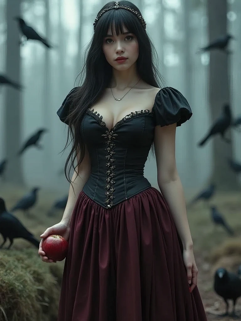 (masterpiece, photorealistic. Uhd) an ultra hot gorgeous European princess Snow White. Age 24. in a corset dress, pleated skirt, black stockings. expressive eyes, perfect face, large breast, small waist, perfect figure, highly detailed, showing cleavage,100DD breast. brown eyes, bangs, full body portrait, holding a red apple. in the misty woods,((standing surrounded by crows))