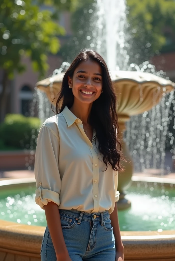 A 16 yr old Indian girl  at a real fountain in a jeans and shirts outfit with a smile
