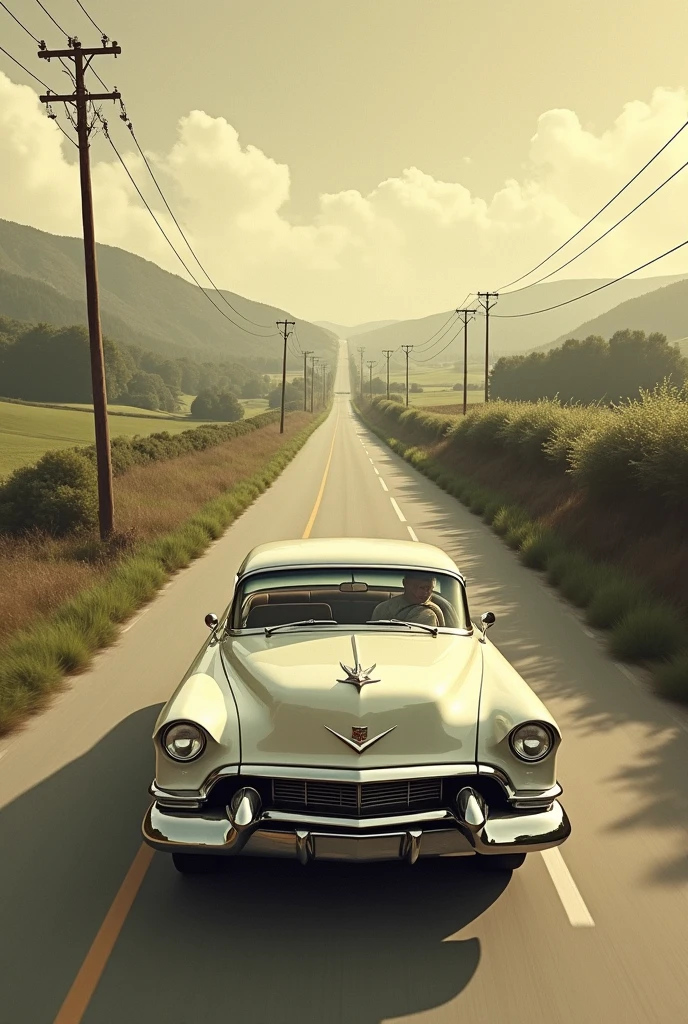 can you create a vintage-like image of a vintage car driving on a long horizontal curvy road? it doesn't have to be too detailed. i need it for my vintage themed brochure. The angle has to be horizontal, too. the image needs to be in LANDSCAPE form.