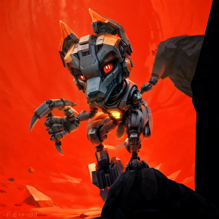Black Robot Male muscular anthro wolf, standing, left feet standing higher on a stone, left hand holding a picaxe, right hand holding a rock on the wall to climb, sharp predatory glowing orange eyes sith red pupil in the middle and black sharp line in the middle of red pupil, eyes looking at the viewer, wearing white scarf on the neck, wearing big eyeglasses on his head, wearing backpack, detailed perfect 4k art, high quality 4k art, detailed black wolf robot face, perfect light, perfect shadow, detailed perfect wolf robot tail with perfect light and shadow, red background