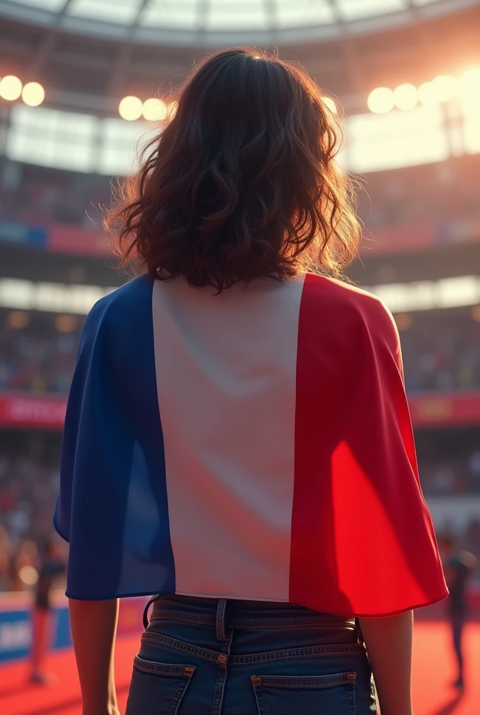 Une image realiste , d'une jeune femme brune cheveux mi long , positionnée de dos et portant un drapeau de lequipe de France pour les JO a Paris.
Je veux une ambiance festive et une belle lumiere.
Je veux que la jeune femme soit de dos portant son drapeaux sur les epaules , dans un stade de Jo.
Ajoute des elements qui font penser aux JO ... fais legerement flotter le drapeau au vent . La jeune femme a les cheveux mi long weavy. Ajoute des elements qui font penser aux JO de paris 2024