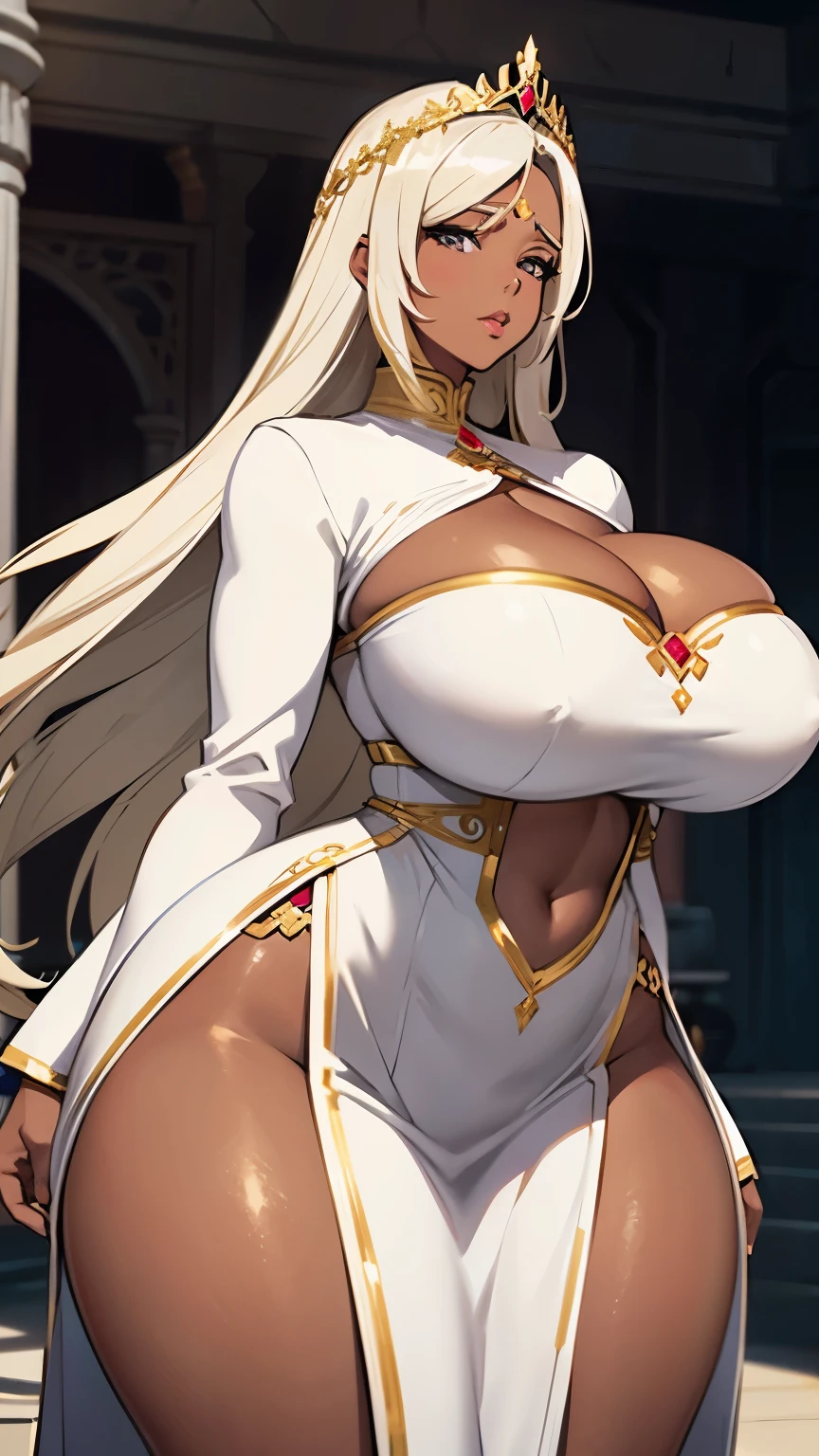 Best quality, solo mature woman, enormous breasts, giant ass, very curvy, dark brown skin, very long ash blonde hair, silver eyes, full lips, seductive, white goddess robes, flower crown, gold jewellery, goddess, curvy physique, thick thighs, gigantic breasts:1.3, curvy body, mammasize,
