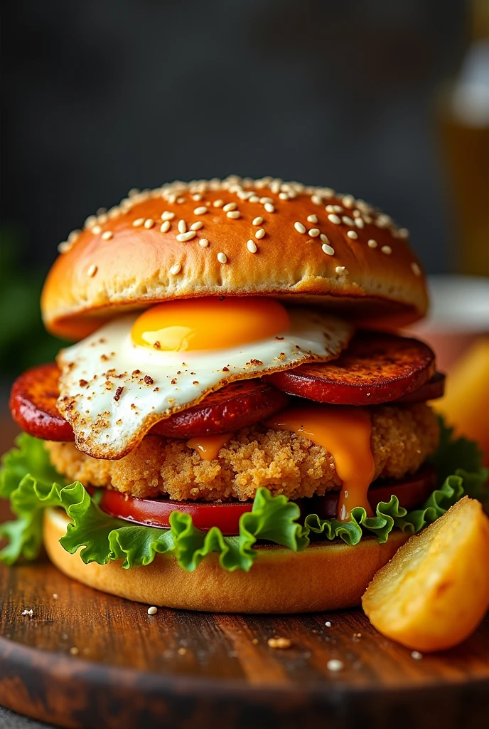Broaster chicken burger with potatoes and fried egg and lettuce and chorizo on top