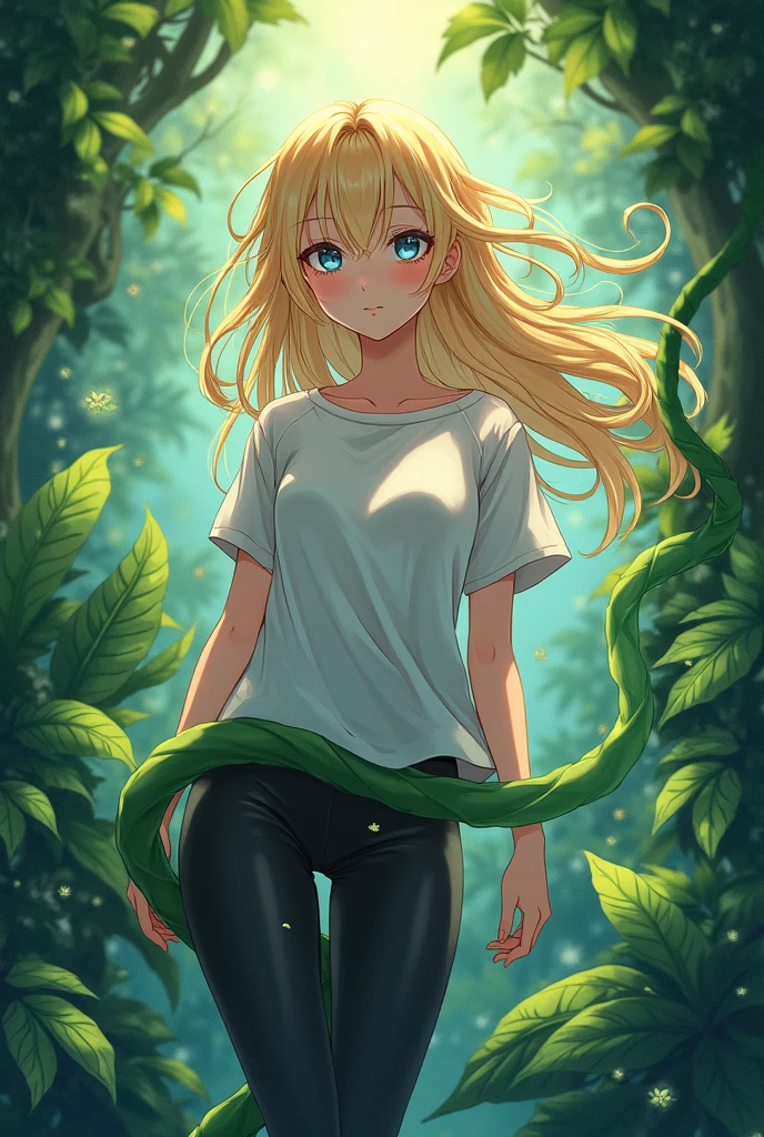 Beautiful anime girl, blonde hair, blue eyes, jungle background, vines coiled around her legs, black leggings, white shirt, vines. 