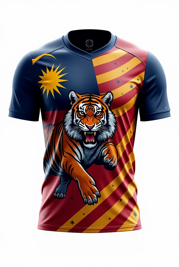 Generate jersey with Malaysia flag and tigress stripes concept on it. Use white colour as the majority background. Add some batik design at the stripes. Colouring the stripes with red, blue and yellow colour