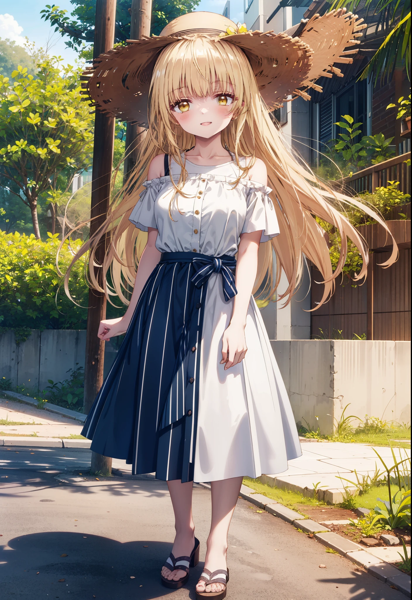 mahirushiina, mahiru shiina, Long Hair, bangs, Blonde, Brown Hair, (Yellow Eyes:1.3),happy smile, smile, Open your mouth,blush, Straw hat,smile,Cold Shoulder Shirt,Short sleeve,Long skirt,Cute heeled sandals,True Summer,Clear skies,Daytime,Palm tree,Hair is fluttering in the wind,whole bodyがイラストに入るように,
break outdoors, tropical,In town,Coastal Road,
break looking at viewer, whole body,
break (masterpiece:1.2), Highest quality, High resolution, unity 8k wallpaper, (figure:0.8), (Beautiful attention to detail:1.6), Highly detailed face, Perfect lighting, Highly detailed CG, (Perfect hands, Perfect Anatomy),