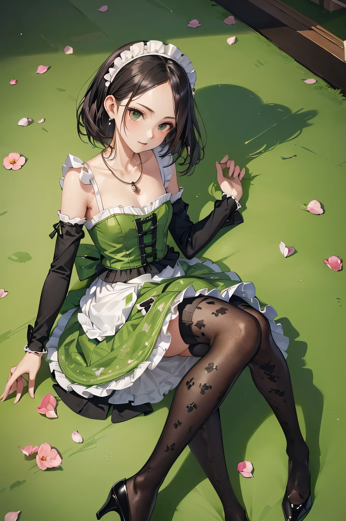 ((Biologically correct limb count)),(( From head to toe,Full-body photo including face)),4K,((Standing position)),masterpiece,((Focus on the face)),((Symmetrical facial features)),Eyes with detailed description,Beautiful woman,Great style,Beautiful arms,Beautiful legs,Beautiful Hands,(Small Ass,Thin thighs),Facial detailing,Small earrings,necklace,(Green enamel maid outfit、mini skirt((Black high heels,Black patterned stockings))),Realistic photo,Lying on the linoleum floor,Low angle photo,A little panchira,Rose petals are scattered all around、