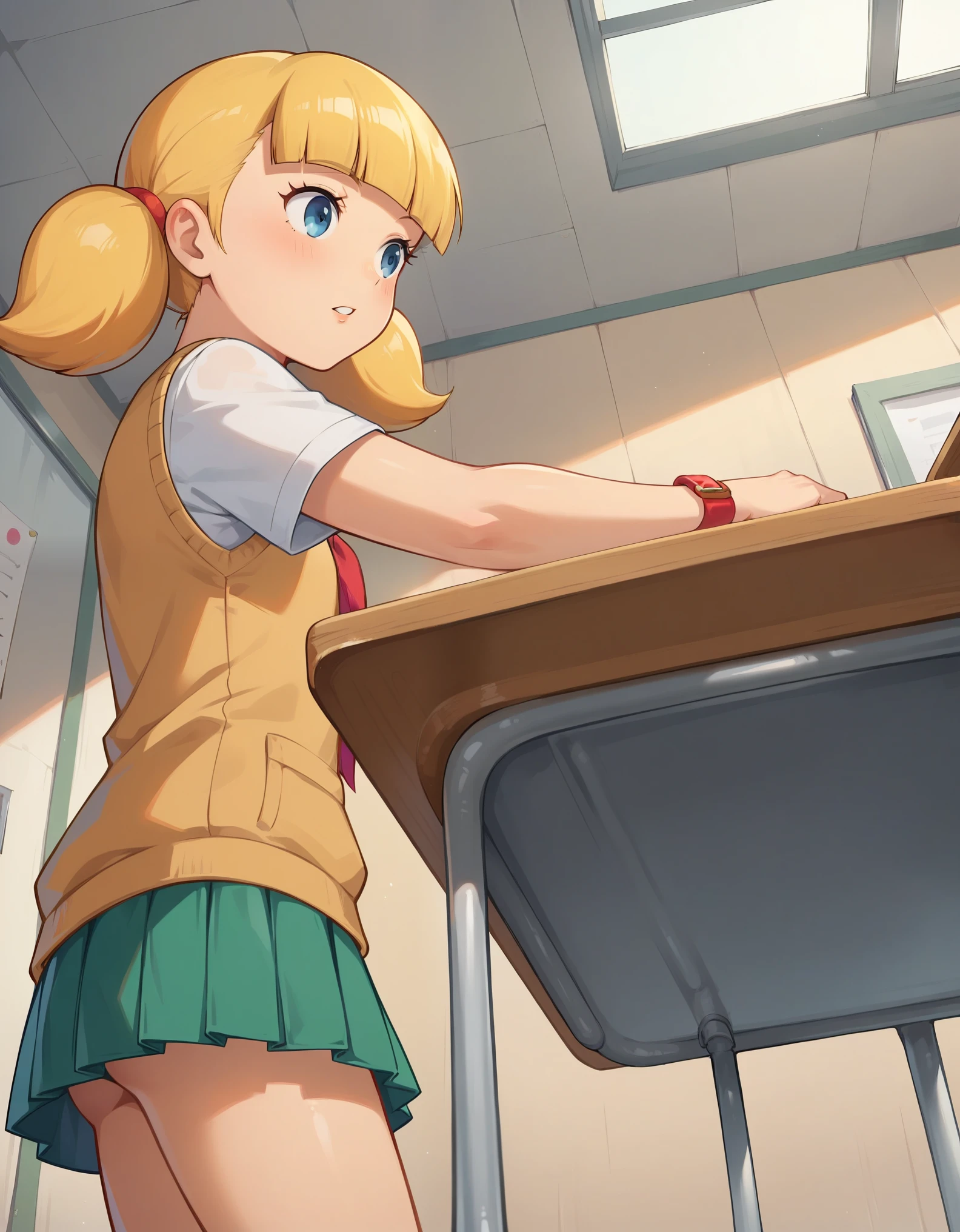 score_9, score_8, score_8_up, score_7_up, sgstyle, BREAK, 1girl, solo, female focus, 1girl, penny_ig, BREAK, masterpiece, best quality, 1girl, penny, blonde hair, twintails, blunt bangs, flat chest, from below, mitakihara school uniform, classroom, school desk,