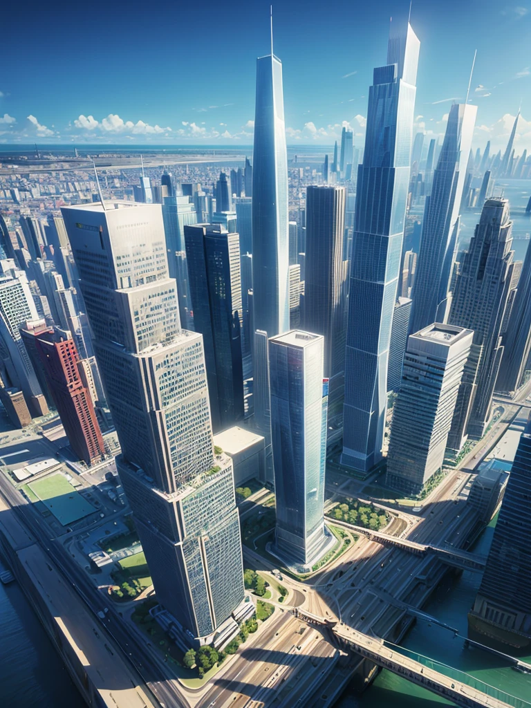 a modern city landscape, tall building, first there is sea water then the city begins. detailed building. no people.