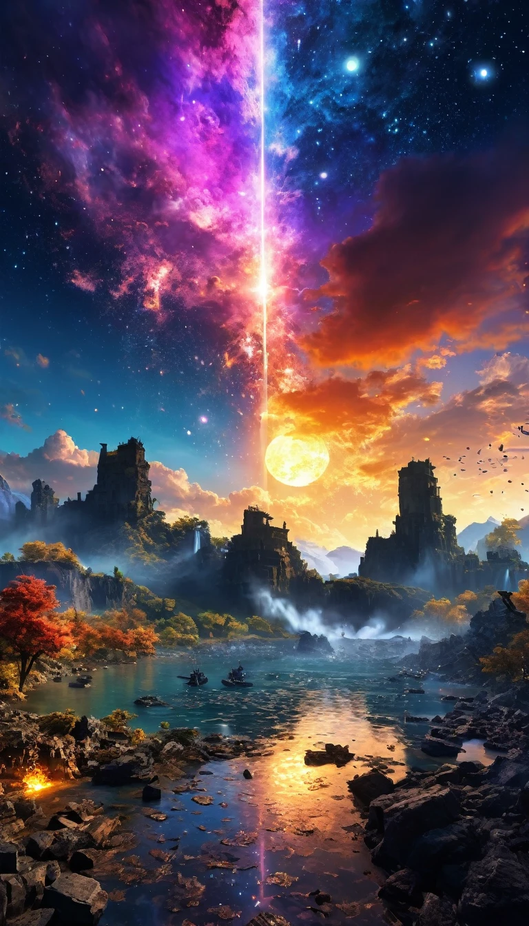 The color of the galaxy The starry sky of the galaxy々Clear nebula starry sky_sky sunset colorful sunrise panorama sunshine, Moon， Optics， Fantastic，It was dark，Raid，Safety，Panoramic View，Photo taken from a video game of a large populated city, an ancient city on fire, Invading forces background, Beautiful renderings of the Three Kingdoms period, War scenes, background: Battle Scenes, Invading forces background, Results of the Great War, Heroic Battle Scenes, Spectacular Battle Scenes, Win the Ultra_High-definition Ultra_Photorealistic and optimal ultra_High Quality OpenGL Shaders Ultra_High-precision reflective_High Resolution Perfect Volume Lightening Improved Octane_Rendered in UHD "Niagara Falls" Hearth Glass Mirror Monster Fire Blast Flame Saturation Luminescence Backlight Shadow Chef D&#39 Tattoo Blues_Weber Sex Naked NSFW Wide Variety Multi Etc.. --s 1000 --c 20 --q 20 --chaos 100