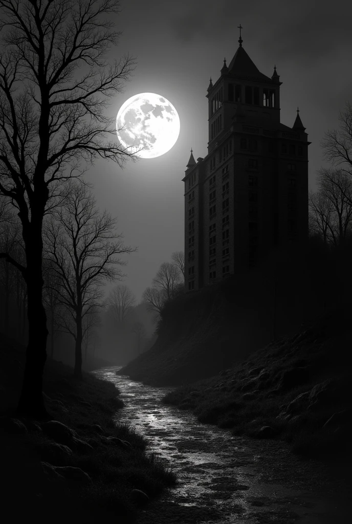 horror big building, random background scene, complete darkness background, black and white manga panel, dark tall building at the right , dark background, full moon at the center