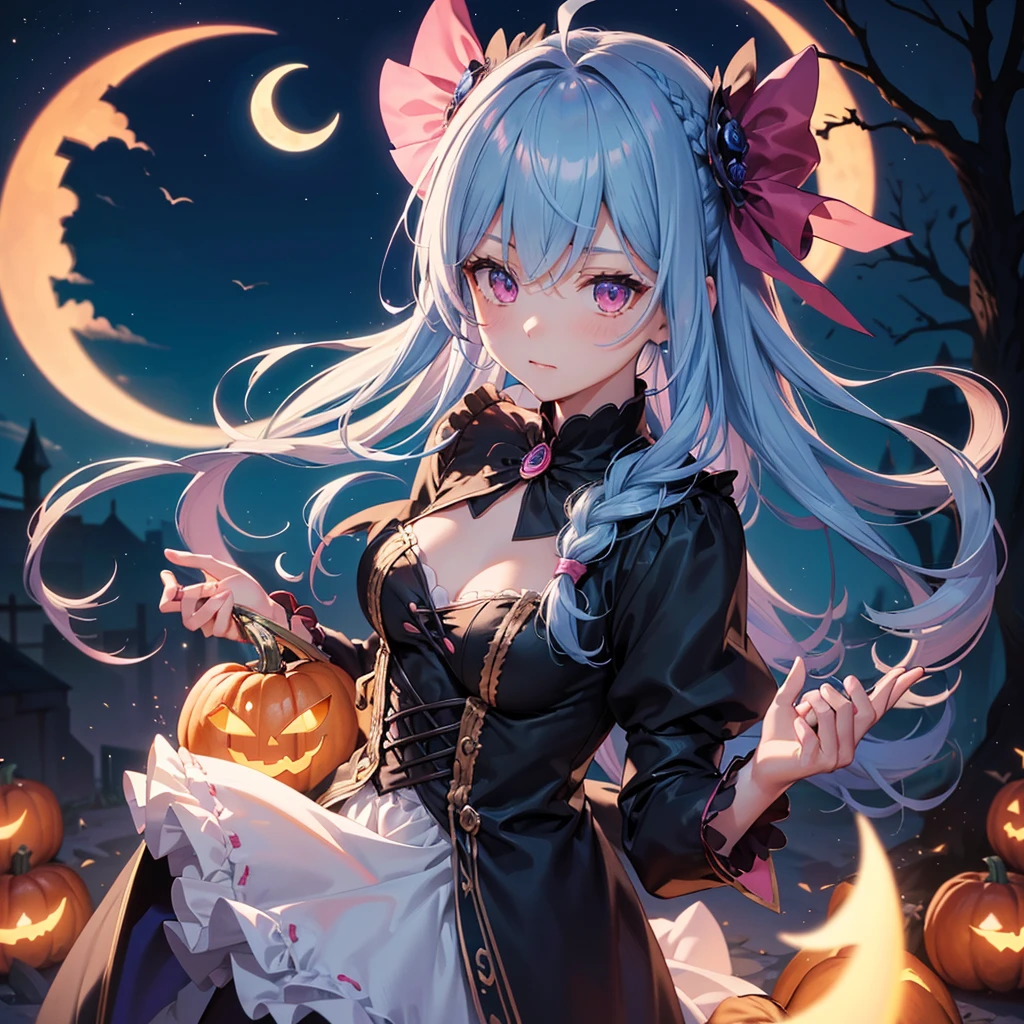 (Sky Blue Hair),(Braided medium hair), (Pink Eyes),Fair skin) ,(whole body),(One Girl),(Crescent Moon),(There are many pumpkin ghosts in the background),(If you don't give me sweets, I'll be mischievous.),Halloween Night Party),(masterpiece, Highest quality, Very detailed, Best Shadow), (Detailed Background), (Beautifully detailed face), High Contrast, (Best lighting, Very delicate and beautiful), ((Cinematic Light)), Hyper Detail,8k, Dramatic Light, Intricate details,Witch's Clothes,Magic broom,night,Flying bats in the sky,
