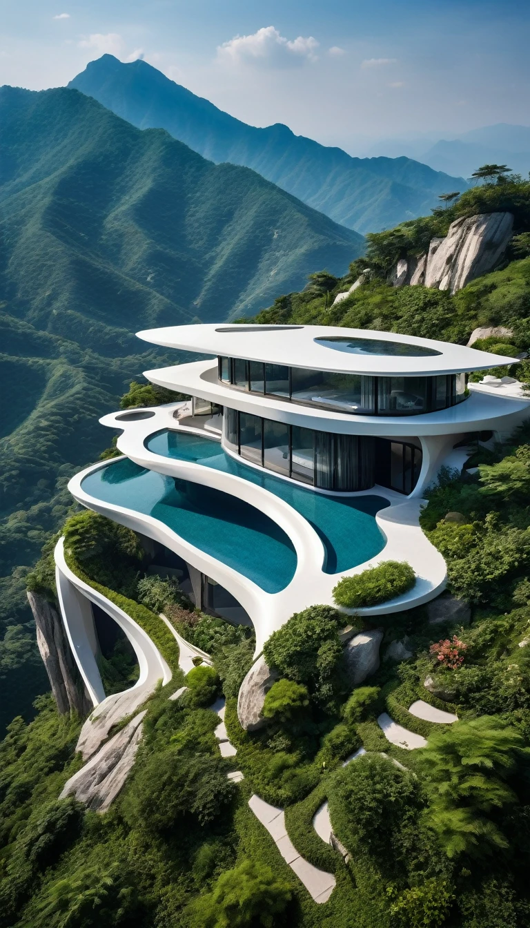 (masterpiece),best quality,8K,zsyixing,building,SDS_Particle_Flow,(by Zaha Hadid:1.2),a villa on a high mountain cliff,shell element,crazy curve,(the verdant mountains:1.1),(fresh flower:1.1),blue sky,white cloud,the sun is shining brightly,
