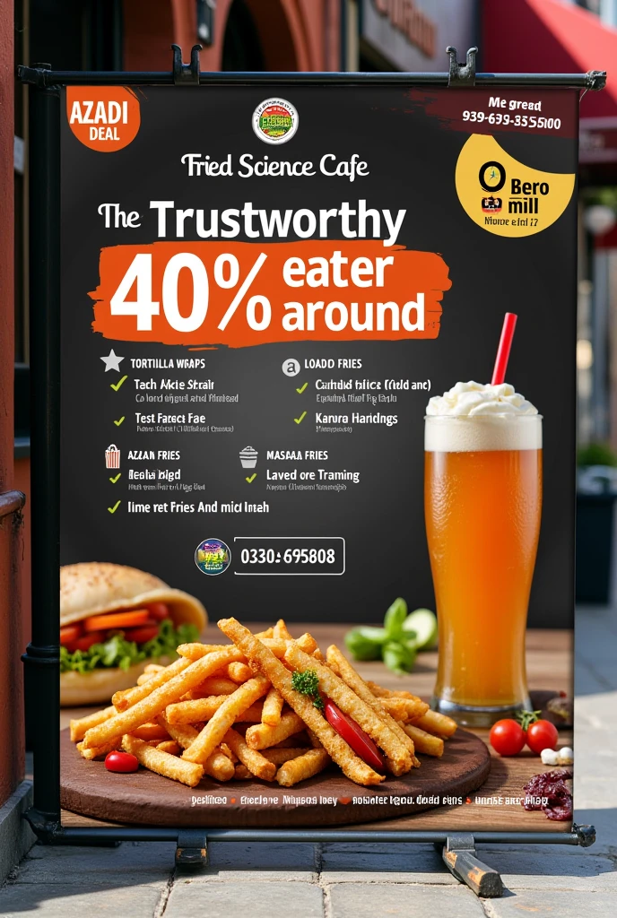 Make an impeccable banner using great initiative making a great syntax Azadi deal upto 40 percent off , tortilla wraps, loaded fries and masala fries also immaculately showing "The Fried Science Cafe" name on the top "The Trustworthy local eatery around" Must add numbers 0330-4255888 and 0316-6420496 make no errors use the above text as it is. Number is missing???? Make it like a pamphlet and it's in english man and follow a great touch of inclusivity with Azadi Deal