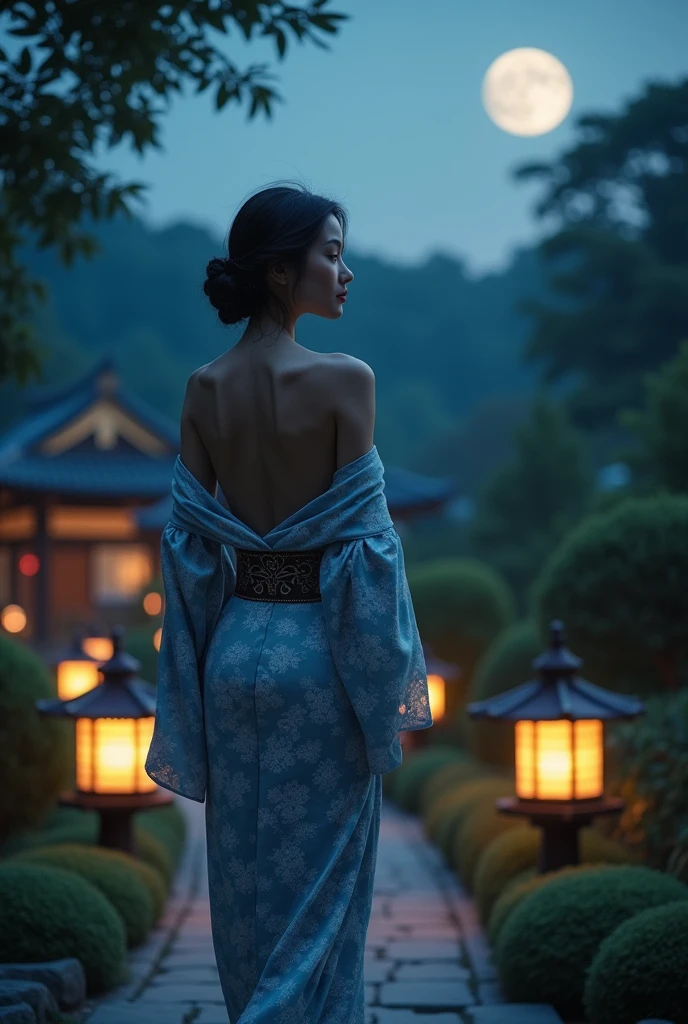 Under the mesmerizing moonlight, in a serene Japanese garden, a beautiful woman in a partially undone kimono reveals her elegant shoulders and back. Her demure yet seductive gaze is full of hidden secrets. As she gracefully strolls along the garden path, she occasionally pauses to offer a fleeting smile towards the moon. The soft illumination of traditional lanterns creates an enchanting atmosphere, while her loosely tied hair waves gently, adding to her elegance and allure.