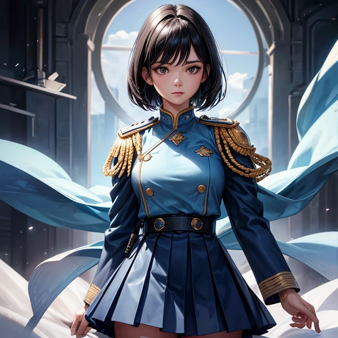 (Highest Resolution, clear_image), Highest quality, masterpiece, Very detailed, Semi-realistic, Woman with shoulder-length black hair, Dark Eyes, mature, mature woman, Imperial sister, sexy, short hair, Triple Van, Light blue uniform, Light blue uniform jacket, soldier, Light blue pleated skirt, uniform, Fighter Front, future, sf, universe