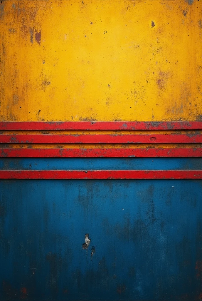 The upper half is yellow, the lower half is blue and has 3 symmetrical horizontal red stripes at the middle point