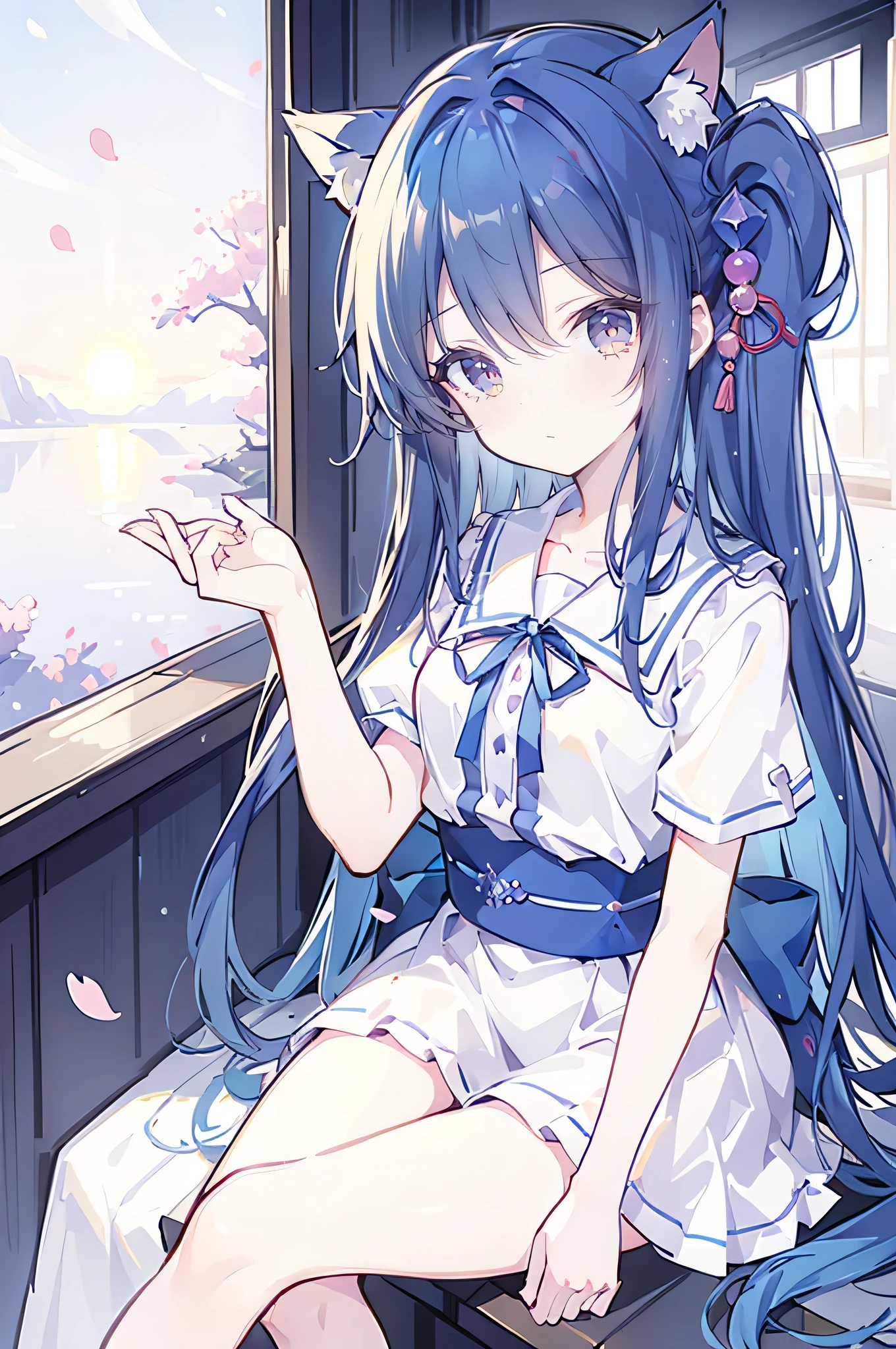 （masterpiece：1.2），Super detailed，lifelike，Expressive eyes，fair skin，perfect face shape，1 girl，
Japanese comics,Gorgeous blue hair,flowing blue hair,flowing clothes,Cat ears,Petals fall,beautiful lola,Baby Angel,
Shaking head with one hand，Cross your legs，，The pavilion is cool and comfortable,smile,back views,sunrise,Petals fall,sunrise，sitting on window sill drinking coffee and looking out the window。