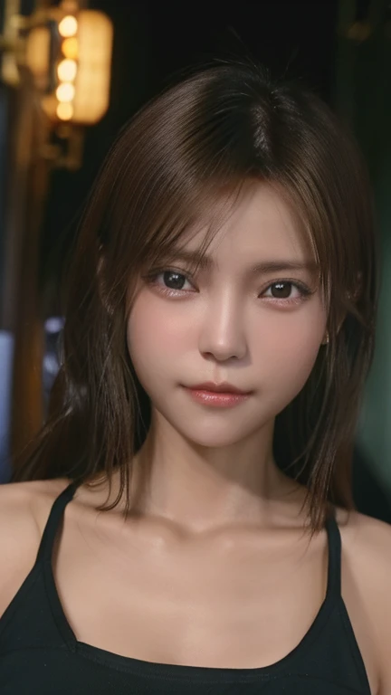 最high quality、masterpiece、High resolution、1 female、necklace、gem、Earrings、Beautiful Face、Body Up、Tyndall effect、Realistic、Rim Light、Two-tone lighting、(High resolutionスキン:1.2)、8k UHD、Digital SLR、Soft lighting、high quality、Volumetric lighting、photograph、High resolution、4K、8k、Brown haired woman、Adult、Small eyes、Perfect Mouth、Highly detailed eyes and mouth、Black natural eyes、Pure brown hair color、Caucasian skin color、Black shirt and white top、Hair quality and shine、Black gal、Shibuya at night、bustling street
