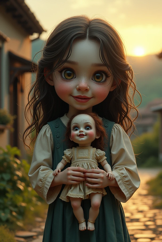 A mysterious old doll with a beautiful yet eerie smile is held by a young girl named Ria in a small village.