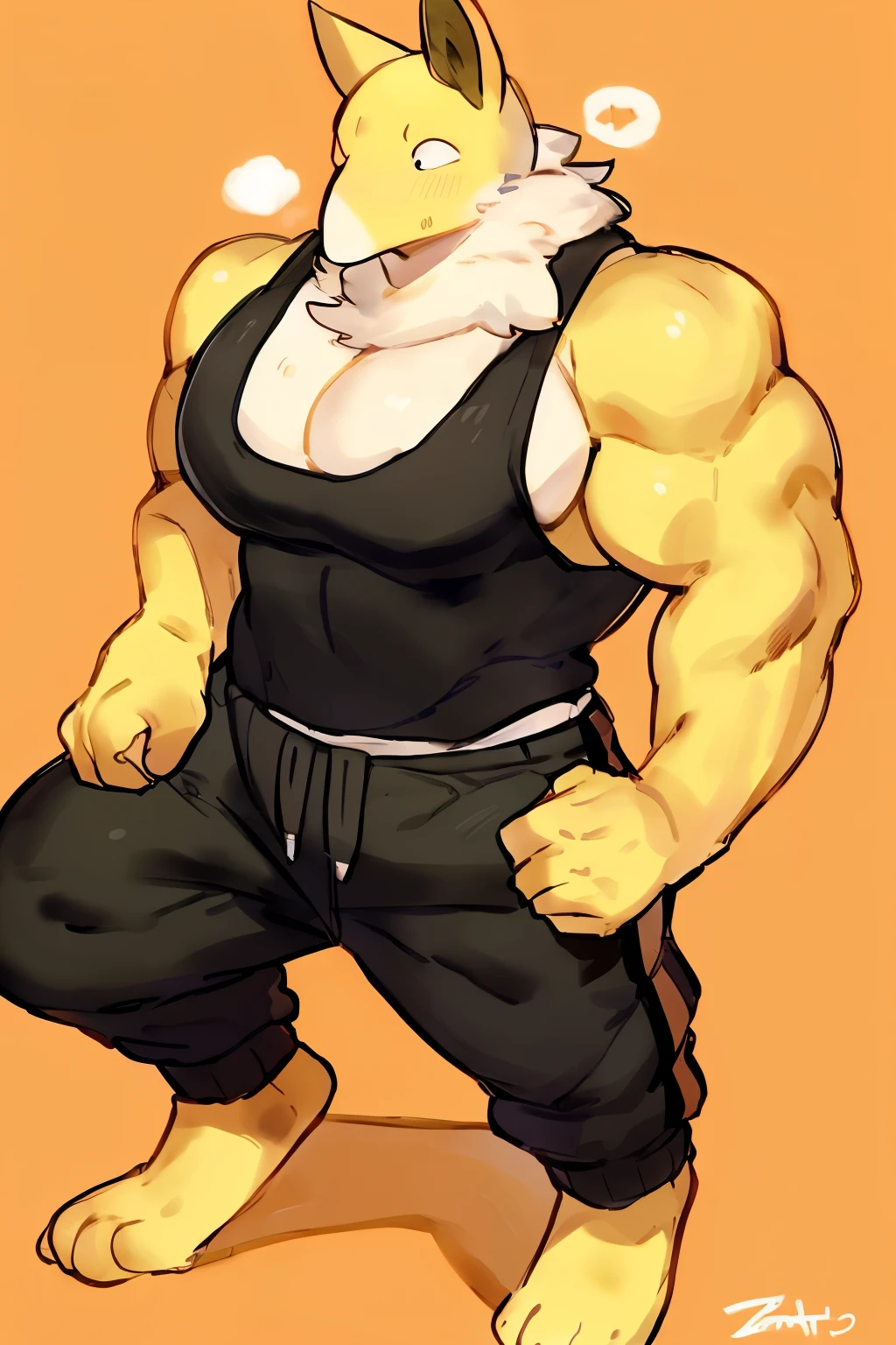 Furry, Anthro, solo, Hypno, Male, (((muscular body, massive thighs, massive male pectorals, yellow skin, fluffy neck, wearing white fur around neck, hand on head))), ((((massive biceps)))), ((((((massive bulky torso, wearing black tanktop, wearing black sweatpants, barefoot, wide-eyed, head tilted)))))), full body, black/yellow spraypainted background, by buta99, by zackary911, by bebebebebe, (((digital painting)))