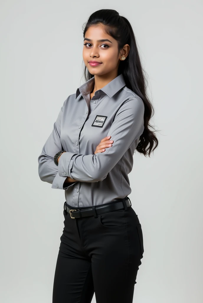 A indian girl in grey shirt and black pant formals with black shoe on shirt left side logo is Abhasa in black colour, looking fit and good hairstyle