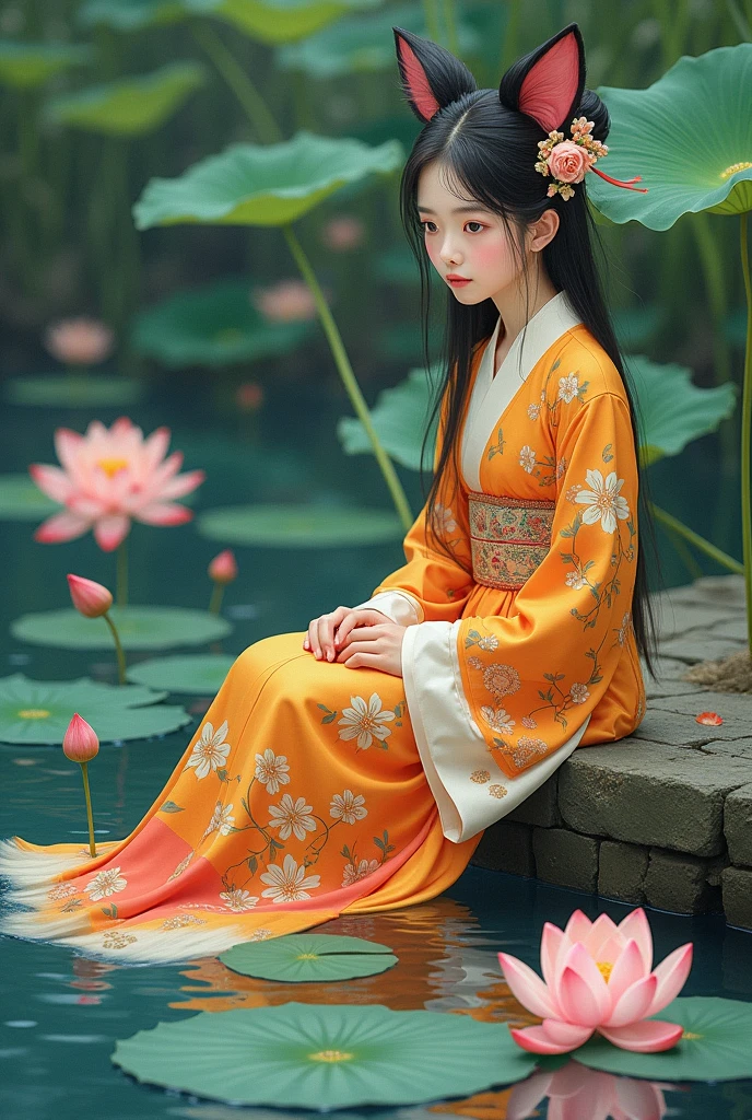 absurd, high resolution, Extremely detailed, (1 Girl:1.3), Hand Painted, Simple lines, wearing colorful Chinese Hanfu, Sexy fox ears girl, By the lotus pond, masterpiece, sitting in water, Floating clothes, Flowing hair