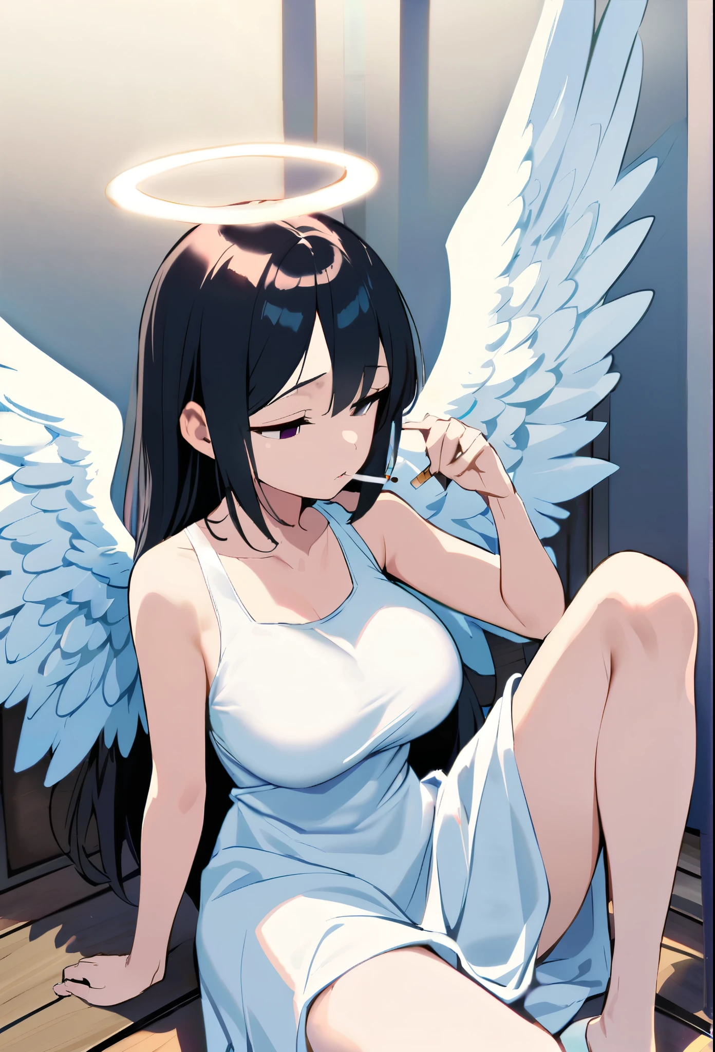 1 girl,long black hair,big breasts,angel,angel wings,halo,white tunic,languid,sluggish,empty eyes,bored,lonely,sigh,half-closed eyes,sharp eyes,open eyes,air is heavy,sitting,Right knee up,Right elbow on right knee,holds a cigarette in her right hand,exhaling cigarette smoke from her mouth,heaven,floor is made of fluffy clouds
