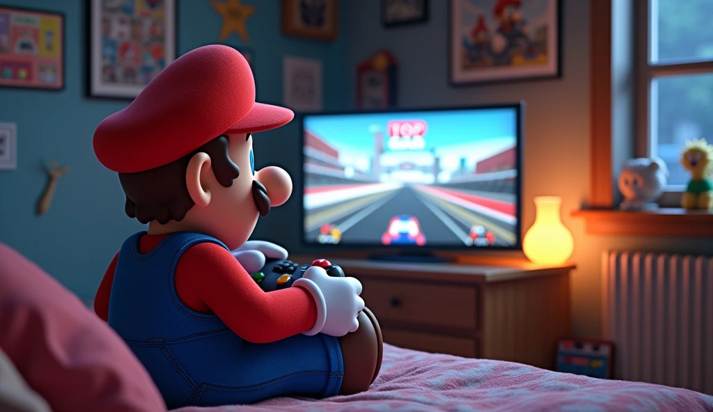 Mario is in his room playing top gear
