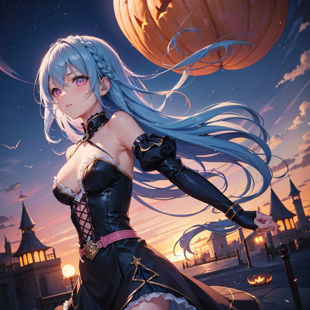 (Sky Blue Hair),(Braided medium hair), (Pink Eyes),Fair skin) ,(whole body),(One Girl),(Crescent Moon),(There are many pumpkin ghosts in the background),(If you don't give me sweets, I'll be mischievous.),Halloween Night ),(masterpiece, Highest quality, Very detailed, Best Shadow), (Detailed Background), (Beautifully detailed face), High Contrast, (Best lighting, Very delicate and beautiful), ((Cinematic Light)), Hyper Detail,8k, Dramatic Light, Intricate details,Witch's Clothes,Magic broom,night,Flying bats in the sky,