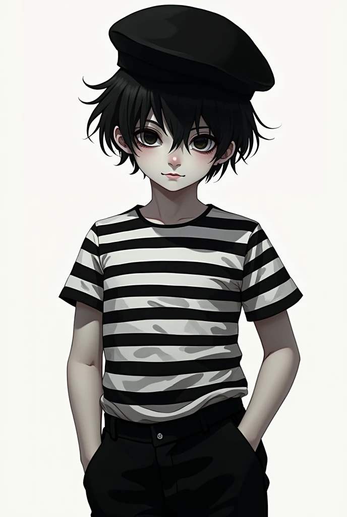 I want a boy inspired by a mime,with short hair that covers her face a little and with a black cap,a black and white striped shirt and completely black pants