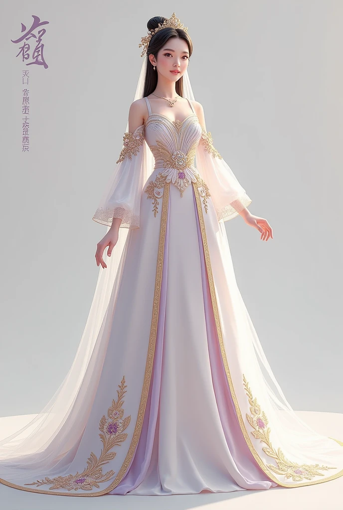 

### **Refined Wedding Dress Design for Keqing:**

**1. **Silhouette and Structure:**
   - **Silhouette:** A classic A-line gown with a fitted bodice and a full, flowing skirt. This silhouette is timeless and elegant.
   - **Train:** A cathedral-length train for a dramatic effect, adding a touch of grandeur.

**2. **Color Palette:**
   - **Primary Color:** Pure white as the base of the gown for a classic and elegant look.
   - **Accent Colors:** Amethyst and gold for details and embellishments.

**3. **Fabric and Texture:**
   - **Base Fabric:** Use luxurious silk satin or taffeta for a smooth and polished finish.
   - **Overlay:** Incorporate layers of delicate white lace or organza for added texture.
   - **Embellishments:** Amethyst and gold thread embroidery or beading to add subtle yet sophisticated sparkle.

**4. **Design Elements:**
   - **Neckline:** A classic sweetheart neckline or high neckline with a sheer lace overlay. Consider a gold-embroidered lace trim for a regal touch.
   - **Sleeves:** Long, sheer lace sleeves with amethyst and gold detailing or opt for off-shoulder sleeves with a delicate gold accent.
   - **Bodice:** Embellish with intricate amethyst beading or embroidery, possibly in a floral or geometric pattern to enhance the elegance.

**5. **Accessories:**
   - **Headpiece:** A gold tiara or hairpin with amethyst accents, reflecting Keqing’s refined and regal nature.
   - **Veil:** A white veil with gold embroidery along the edges and subtle amethyst accents to tie the look together.

**6. **Additional Touches:**
   - **Belt or Sash:** A gold belt or sash at the waist with amethyst gemstones or embroidery to cinch the gown and add a touch of sophistication.
   - **Lining:** Consider a subtle amethyst lining for the inner layers of the skirt that hints at the color when the gown moves. ( Add some amethyst coloured flowers across the dress 
