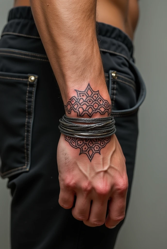 Honeycomb bracelet tattoos on the male wrist
