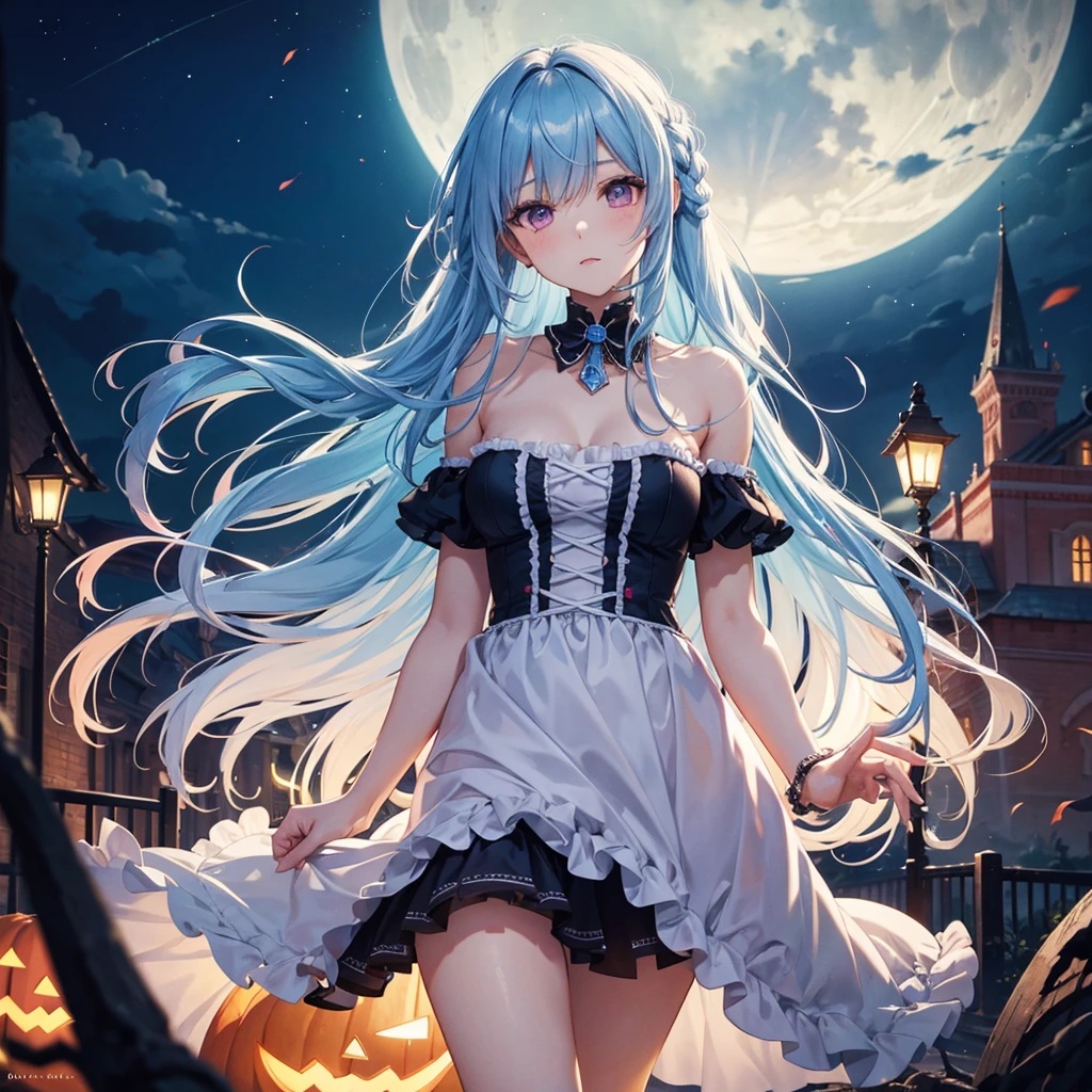 (Sky Blue Hair),(Braided medium hair), (Pink Eyes),Fair skin) ,(whole body),(One Girl),(Crescent Moon),(There are many pumpkin ghosts in the background),(If you don't give me sweets, I'll be mischievous.),Halloween Night Party),(masterpiece, Highest quality, Very detailed, Best Shadow), (Detailed Background), (Beautifully detailed face), High Contrast, (Best lighting, Very delicate and beautiful), ((Cinematic Light)), Hyper Detail,8k, Dramatic Light, Intricate details,Witch&#39;s Clothes,Magic broom,night,Flying bats in the sky,