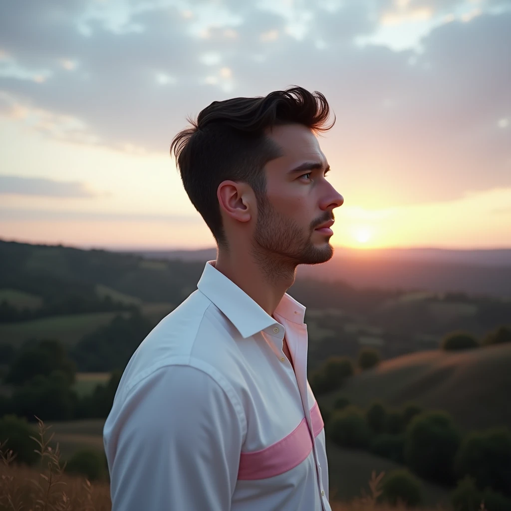 white male, 30years, dark hair, blue colored eyes, white shirt with a pink stripe, contemplating the sunrise in the Alentejo