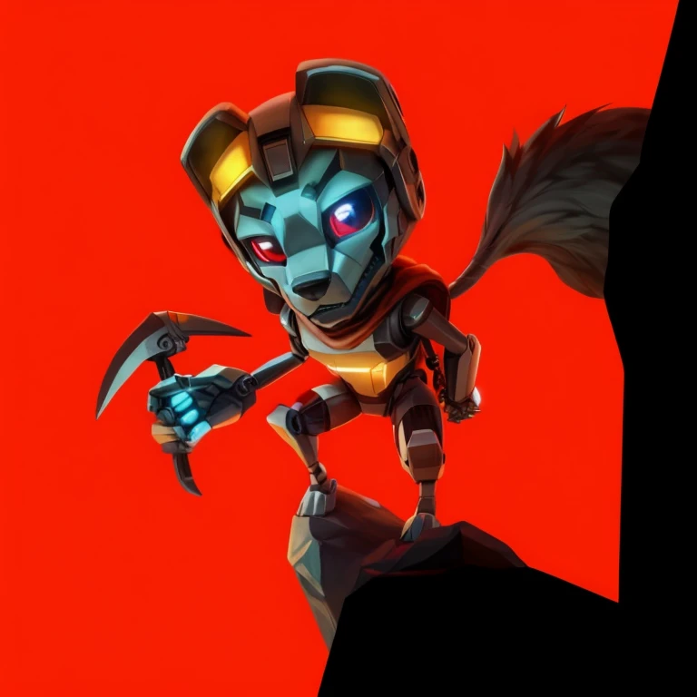 Black Robot Male muscular anthro wolf, standing, left feet standing higher on a stone, left hand holding a picaxe, right hand holding a rock on the wall to climb, sharp predatory glowing orange eyes sith red pupil in the middle and black sharp line in the middle of red pupil, eyes looking at the viewer, wearing white scarf on the neck, wearing big eyeglasses on his head, wearing backpack, detailed perfect 4k art, high quality 4k art, detailed black wolf robot face, perfect light, perfect shadow, detailed perfect wolf robot tail with perfect light and shadow, red background