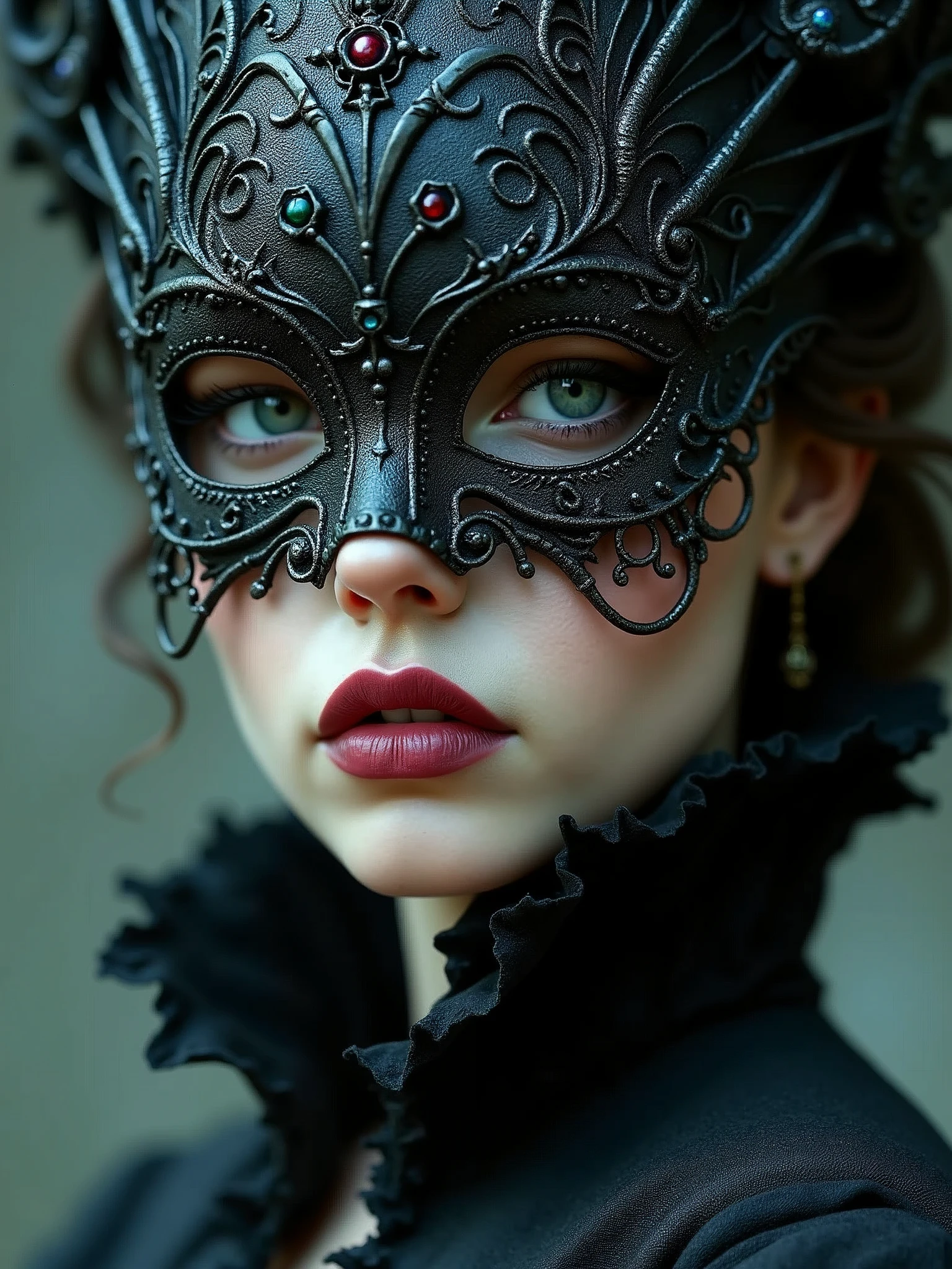 a close up of a woman wearing a mask, cgsociety contest winner, gothic art, wearing fantasy formal clothing, high quality fantasy stock photo, maxim sukharev, wearing intricate black choker