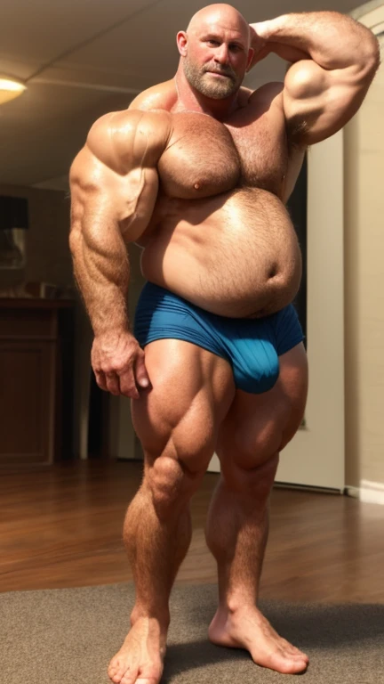 Fat, belly-bellied, muscular８０Age: 18 Heaviest Caucasian Male Bodybuilder。The man has white hair、He has a very short shaven head.。The man&#39;s weight１５０kg。
Men are redＴOnly wearing a bag。Male RedＴThe crotch of the back is extremely large and bulging。
The man has his right hand down。The man raised his left hand、Armpit hairを見せ付けている。
The man is sunburned。
The man&#39;s whole body is very hairy。chest hair。Belly hair。Arm hair。Leg hair。Lower abdomen hair。pubic hair。Armpit hair。
The man has a very thick neck。Developed shoulder muscles。Developed trapezius muscles。Developed pectoral muscles。Big round belly。thick limbs。
Symmetrical and well-formed face。A sturdy, manly face。A gentle face。Kind Face。
Statue。Standing posture。barefoot。Well-focused photo quality。Real。