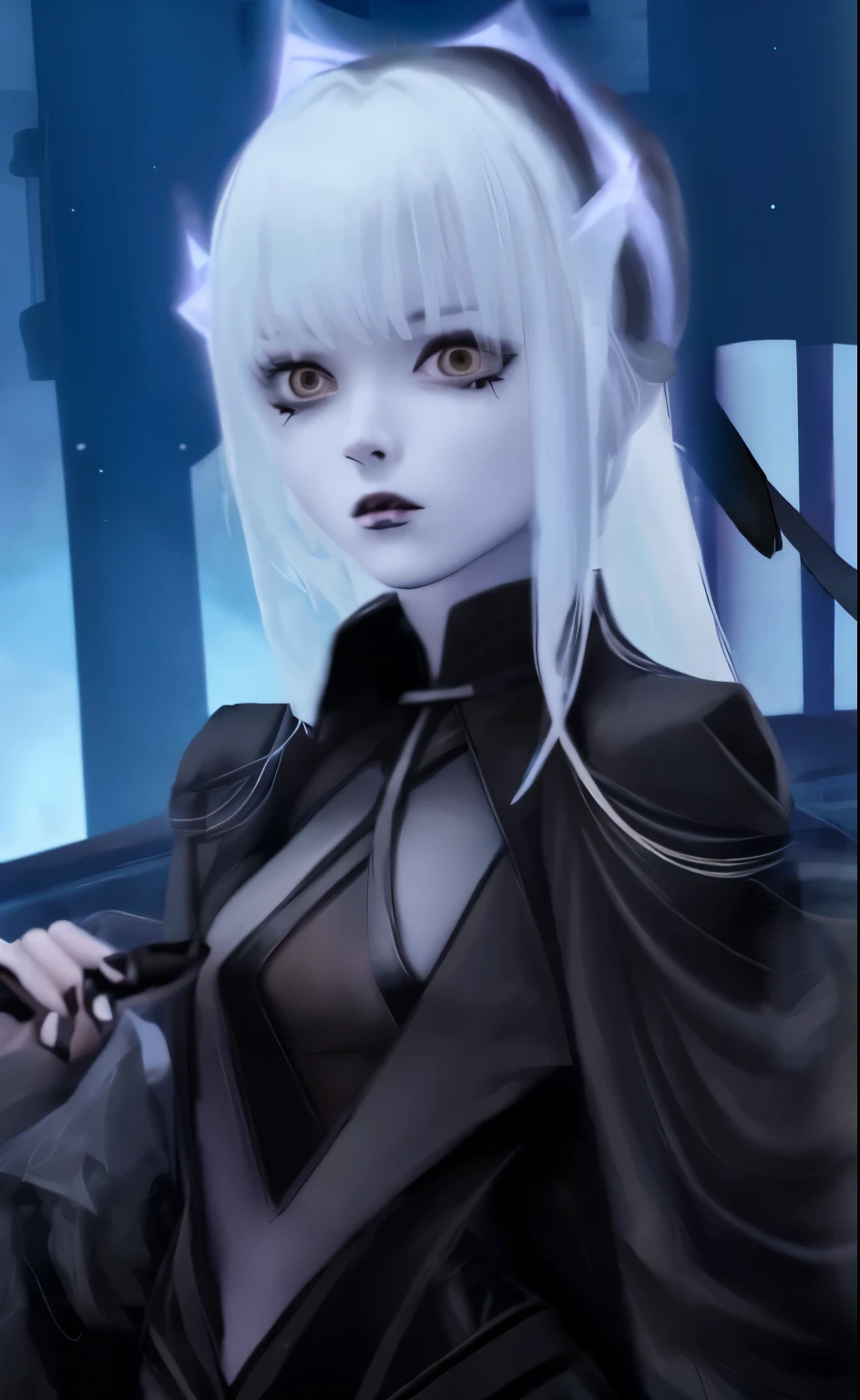 Dark black and mesh long coat, lots of exposed skin, female Jedi, platform, look at me