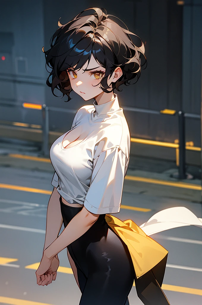 1female , undercut hair , wavy hair ,short hair, black Hair , golden Eyes , lean build ,teen female , Serious Expression , Modern City Background , modern city background, White Shirt exposing cleavage , Tight Leggings