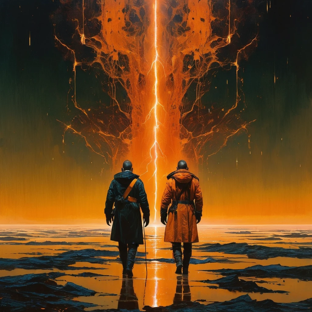 action movie still, (((in style of Jeremy Mann and Wadim Kashin))), (black and orange), vintage, parallel symmetry, sparks,
masterpiece, visually stunning, evocative, best quality, very intricate and detailed,