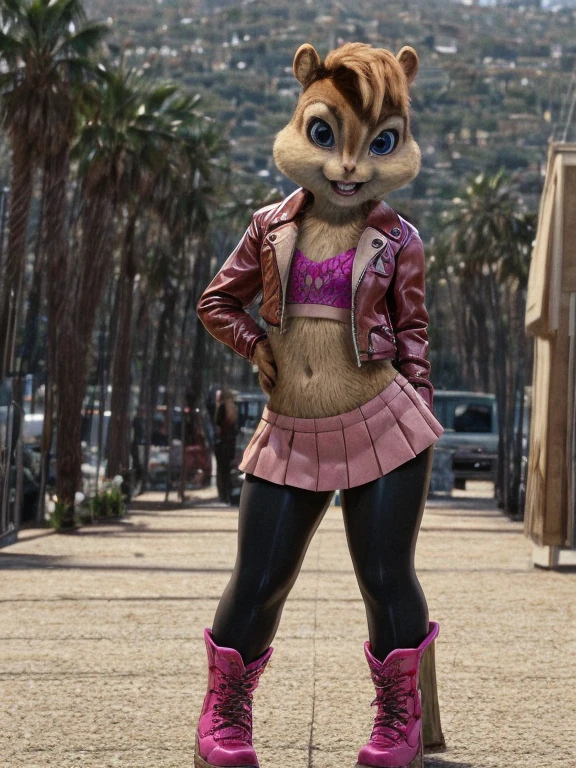 score_9, score_8_up, score_7, score_6, Hollywood, brittany miller, chipmunk, furry, short ears, pink leather jacket, pink top, hot pink skirt, black leggings, pink boots, looking at viewer, 6 inches tall,