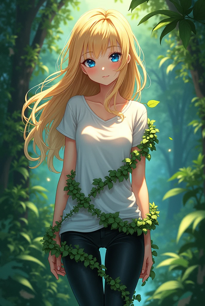 Beautiful anime girl, blonde hair, blue eyes, jungle background, vines coiled around her legs, black leggings, white shirt, vines. 