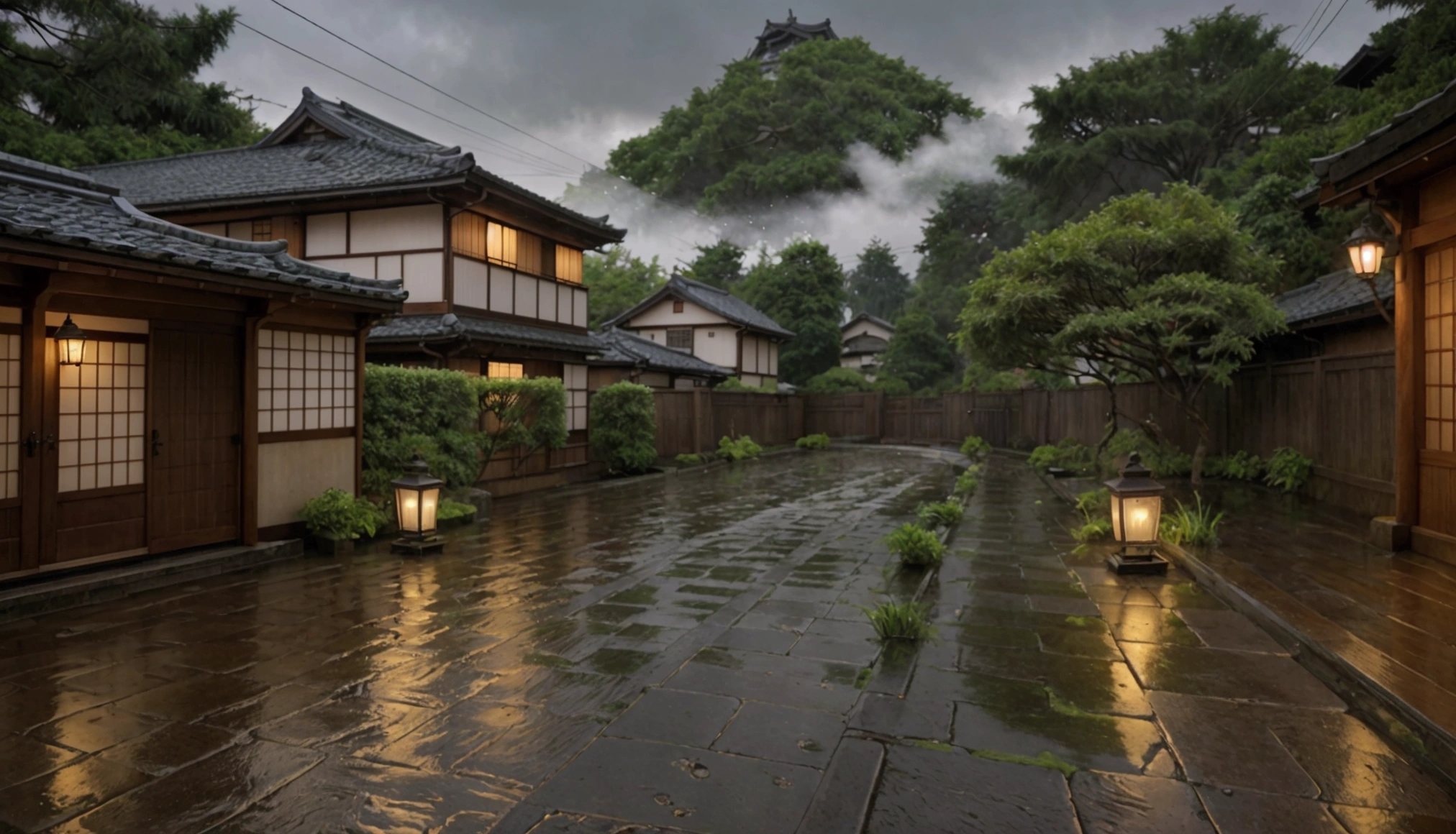 As the rain gently falls over the tranquil streets of Japan, the rhythmic patter on the rooftops and cobblestone paths creates a soothing symphony. The soft mist envelops the traditional wooden houses and vibrant gardens, where lush greenery seems to glow with a deeper intensity. Lanterns softly illuminate the wet, glistening pavement, casting a warm and inviting glow. The distant murmur of a flowing river and the occasional chirp of a bird seeking shelter add to the serene ambiance, making the rainy day feel like a peaceful retreat into nature’s embrace