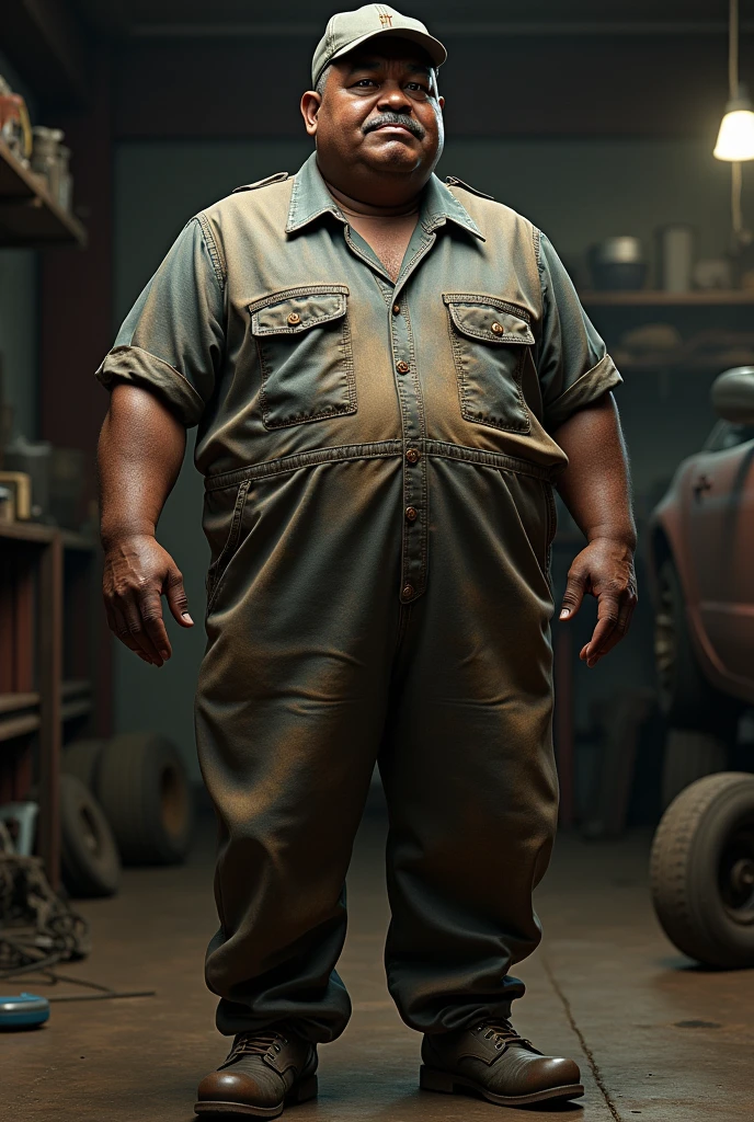 Create a fat person photo, with black skin tone, poor class, dressed as a mechanic
