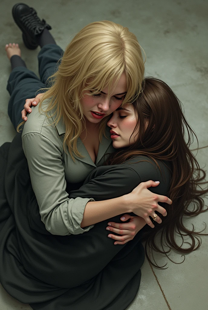 A blonde woman holding another woman unconscious  with brown hair, on the ground in a protective manner, crying, with a dramatic tone, holding her closely against her chest. Create images in various drawing styles, anime, comic etc